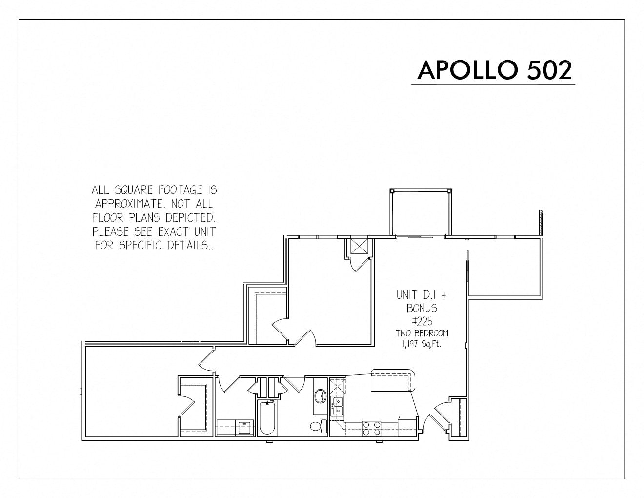 Floor plan for 1 bed, 1 bath, 1197 sqft